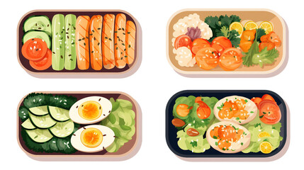 Discover the Delight: Cute and Kawaii Bento Lunch Boxes Set in Traditional Japanese Style - Isolated Flat Vector Illustration of Colorful and Tasty Asian Meals