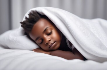 Cute little baby sleeping in bed,dark skin, boy covered with blanket,sweet baby sleep, afro hairstyle