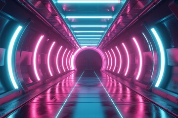Futuristic sci-fi illuminated neon glowing tunnel. Generative AI