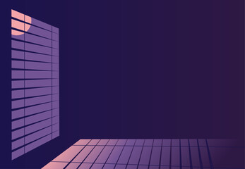 Night empty room with light coming from the window. Full moon light reflection on the floor. Moonlight seeping through the window blinds. Copy space. Romantic serene night atmosphere background.