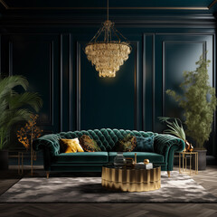 A modern living room, with a dark blue wall in the center, and dark green velvet quilted sofa, boho style