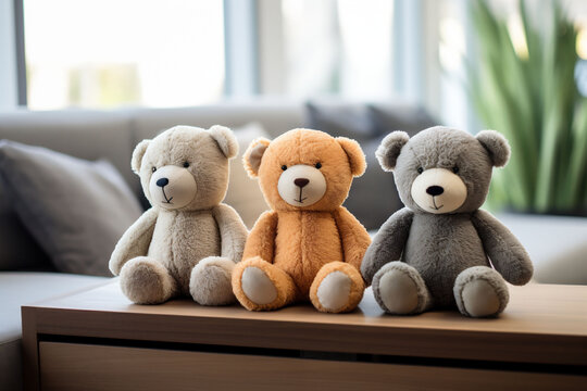 Three Plush toys bears in grey and yellow colors sit together, projecting warmth and friendliness. eco-conscious children's playthings that encourage imaginative play.