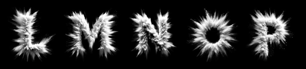 Letters L M N O P - White powder explosion font isolated on black background - uppercase letters from the alphabet - White contrasting with a black background text - White dust burst typeset