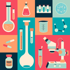 Vector poster concept of laboratory equipment. Template for banner, card, flyer etc. Medical instrument - microscope, flask, bottle, and other. Flat simple style in trendy colors.
