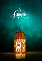 Traditional Ramadan lantern lamp isolated on green colour background, Ramadan Mubarak greeting...