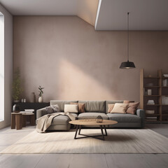 Modern danish interior design, with grey sofa and a light peachy wall - 734955470