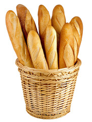 Golden Baguettes in Wicker Basket isolated on transparent or white background, png