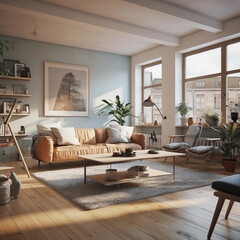 Spacious large living room with big windows, danish interior design, with peachy sofa - 734955855