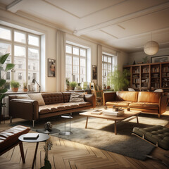 Spacious large living room, danish interior design, with two sofas - 734955860