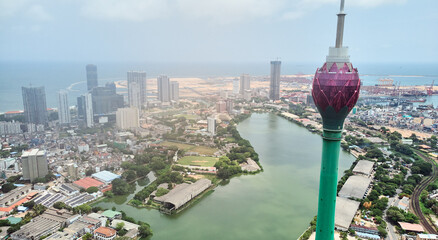 Aerial view of the main attraction, the Lotus Tower in the capital of Sri Lanka, Colombo. 