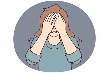 Depressed woman covers eyes with hands when she cries or sees something scary. Nervous girl experiencing stress and depression after breaking up with boyfriend or problems at work. Flat vector design