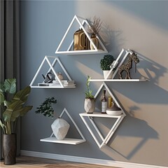 Modern Geometric Wall Shelves with Decorative Items and Plants in Elegant Living Room