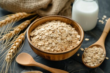 Oats spoons wheat milk Health concept