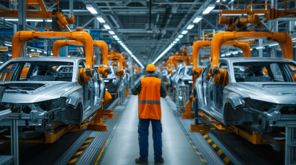 Car Engineer Inspecting Robotic Assembly Line of Electric Vehicles