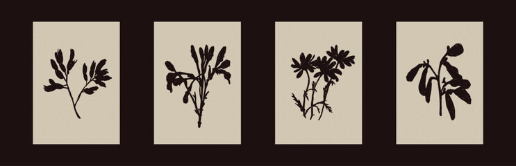Handmade linocut wildflower sprig vector motif clipart in folkart scandi style. Simple monochrome block print shapes with woodcut paper texture effect. 