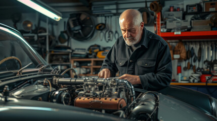 Old man Car engineer inspecting the engine of a vintage sports car with tools and equipment