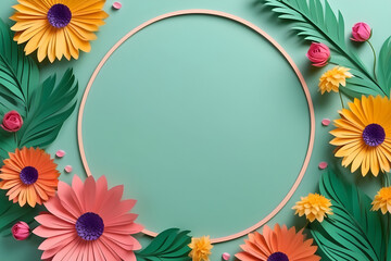 Obraz premium frame with flowers. empty mockup abstract festive background with flowers and a hearten shape frame happy Mother day. wedding day invitation empty text copy space.