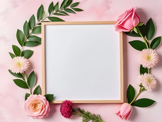 frame with flowers. empty mockup abstract festive background with flowers and a hearten shape frame happy Mother day. wedding day invitation empty text copy space.