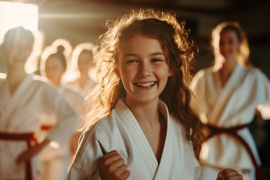 Junge Karatekas mit neuen G&uuml;rteln nach bestandener Pr&uuml;fung im Dojo