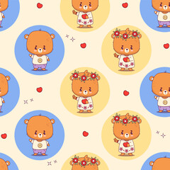 Seamless pattern with bears cub. Cute animal girl and boy kawaii character. Vector illustration. Kids collection.