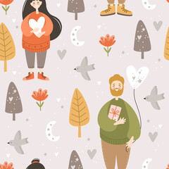 Romantic pattern with people on a background of flowers. Vector illustration
