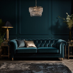 Professional photo for Architectural Digest of a glamour room, with a empty dark blue wall in the center, and dark green velvet three-seater sofa, carpet under the sofa, boho style, - 734957299