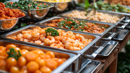 a buffet table filled with lots of different types of food