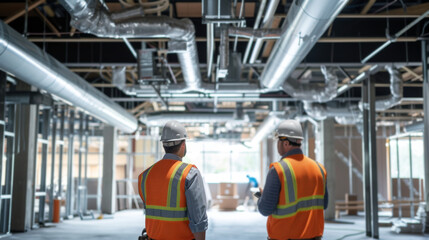 Construction engineers installing HVAC systems in a commercial building with ductwork and pipes