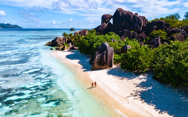 Anse Source d'Argent beach, La Digue Island, Seyshelles, Drone aerial view of La Digue Seychelles...