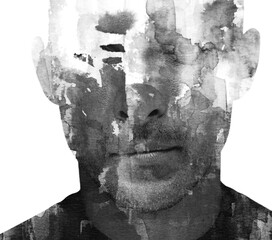 A black and white conceptual male portrait in double exposure technique - 734957842
