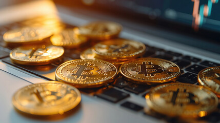 Close-up of golden Bitcoin coins on a laptop keyboard, symbolizing cryptocurrency, digital finance, and modern investment themes. High quality illustration