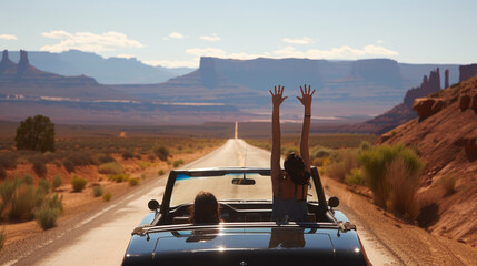 Freedom on the Road: Friends Enjoying a Desert Drive in a Convertible - obrazy, fototapety, plakaty