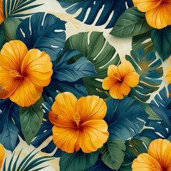 Tropical rainforest leaves and flowers as background, ai generated