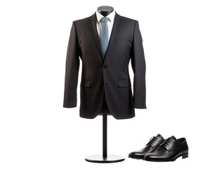 a suit and shoes on a mannequin