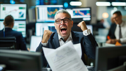 Market Triumph: Ecstatic Trader Celebrating on the Trading Floor
