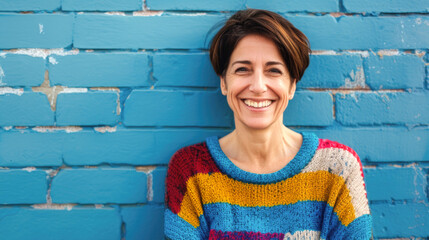 Middle-Aged Woman Smiling Against Blue Wall