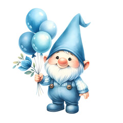 Blue Gnome Birthday Party. Watercolor Illustration Clipart.