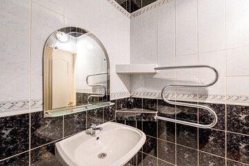 interior apartment room bathroom, sink, decorative elements, toilet. WC, sanitary unit, wash room