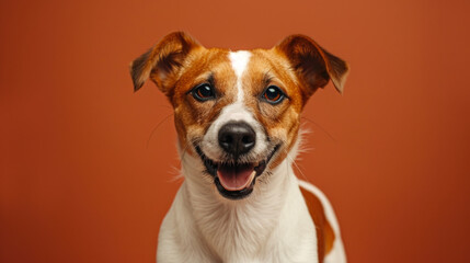 Delighted Dog with Brown and White Fur on Yellow Background