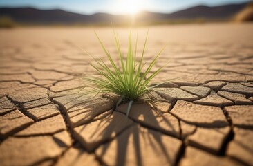 small green plant growing in dry desert area, drought, global warming, climate change, concept of life on earth and hope for best - obrazy, fototapety, plakaty