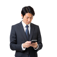 Portrait of a professional businessman using a phone, transparent, isolated on white background