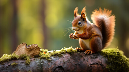 Eating Eurasian red squirrel on a tree trunk.