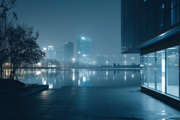 modern office buildings in hangzhou west lake square at night on view from empty street. Creative Banner. Copyspace image