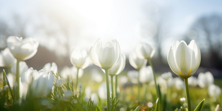 White tulips in sunlight. Spring Flowers. Beautiful spring background with white flowers