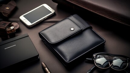 Objects on Table: Cell Phone, Sunglasses, Pen, and Wallet