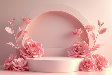Fototapeta na wymiar Podium background flower rose product for advertising. Generative AI