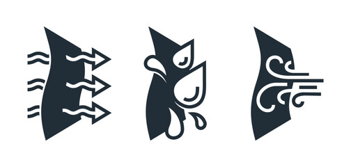 Wind, water proof, breathable - icons in bold line