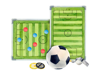 Soccer football field pitch watercolor drawing. Green line pentagon ball. Sports gear train team. Coin token bet match diagram