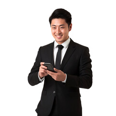 Japanese businessman holding a mobile phone, transparent, isolated on white background
