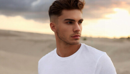 Fototapeta premium Closeup portrait of young handsome man in white t-shirt